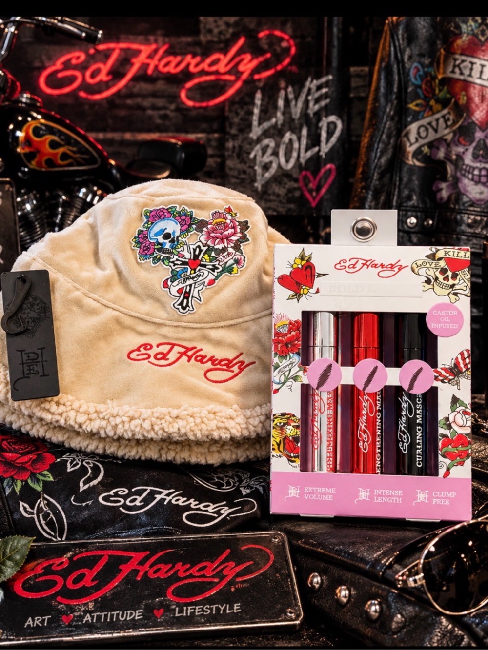 Ed Hardy Cream Sherpa Bucket Hat with Embroidered Patch and Mascara Set